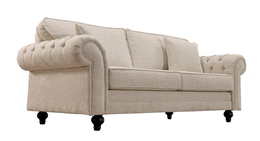 Beige fabric sofa with tufted arms, three seat cushions and wooden legs, angled front view