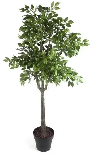 Artificial potted tree with dense green leaves and black planter, ideal for home decor