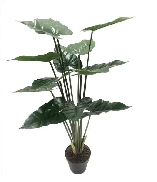 Artificial potted plant with large green leaves and black stems, ideal home decor accessory