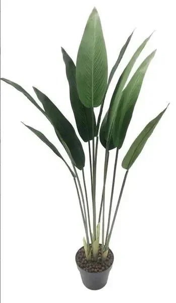 Tall artificial potted plant with long green leaves and black pot for home décor