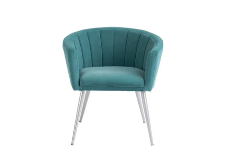 Teal velvet accent chair with channel backrest and chrome metal legs, front view