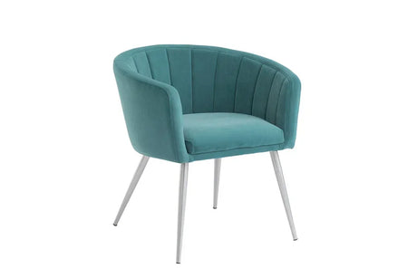 Teal velvet accent chair with channel backrest and silver metal legs