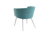 Teal velvet accent chair with curved backrest and metal legs, rear view