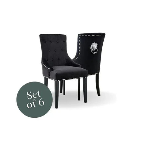 Set of 6 black velvet dining chairs with button back and lion head knocker detail