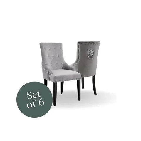 Set of 6 grey velvet dining chairs with button detailing and chrome lion head knocker