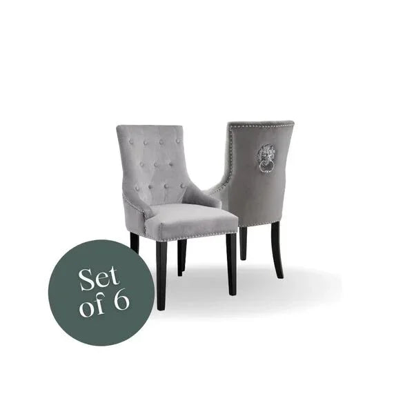 Set of 6 grey velvet dining chairs with button detailing and chrome lion head knocker