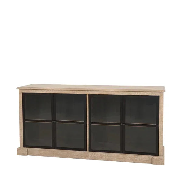 Oak sideboard with black framed glass doors and rectangular shape, front view