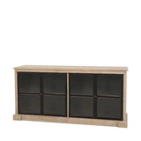 Oak sideboard with black framed glass doors and rectangular shape, front view