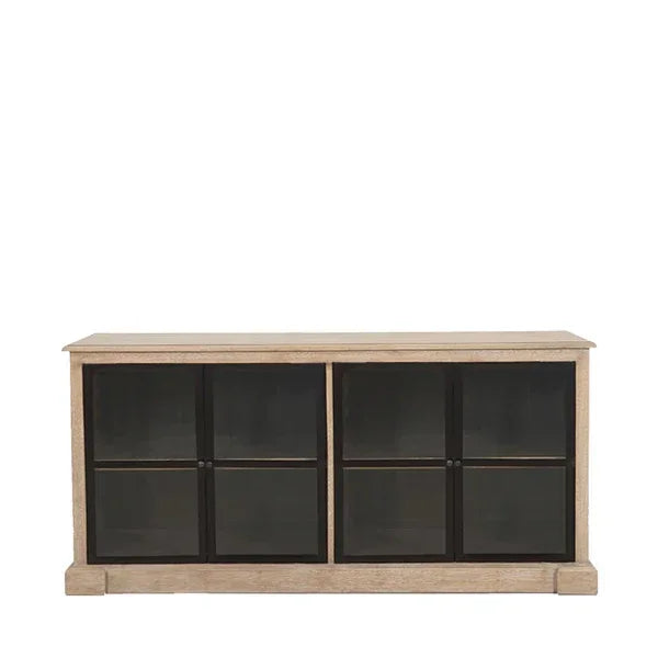 Wooden sideboard with black framed glass cabinet doors and natural finish