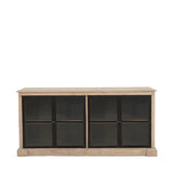 Wooden sideboard with black framed glass cabinet doors and natural finish