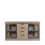Light wood sideboard with glass cabinet doors and four central drawers