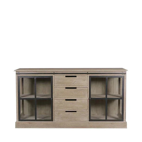 Light wood sideboard with glass cabinet doors and four central drawers