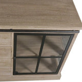 Wooden sideboard with black framed glass door and natural oak finish, top angle view