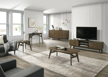 Modern living room with wooden coffee table, TV unit, sideboard and console table