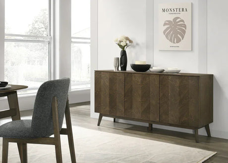 Modern wood sideboard with chevron pattern in dining room, decorative vases on top