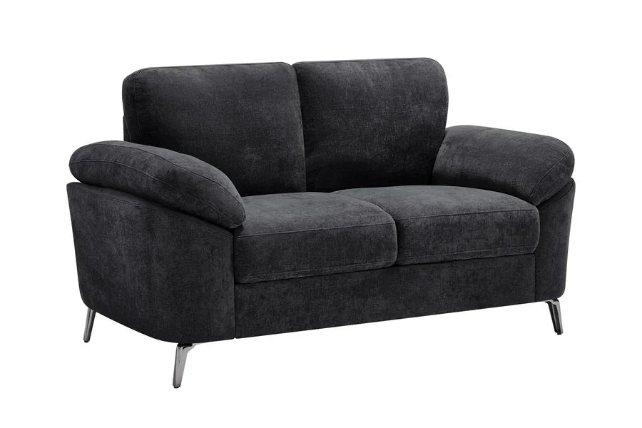 Charcoal fabric two seater sofa with chrome legs and padded armrests on white background