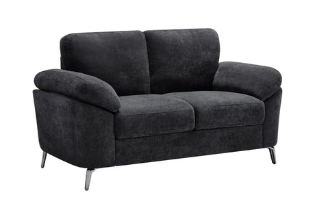 Charcoal fabric two seater sofa with chrome legs and padded armrests on white background