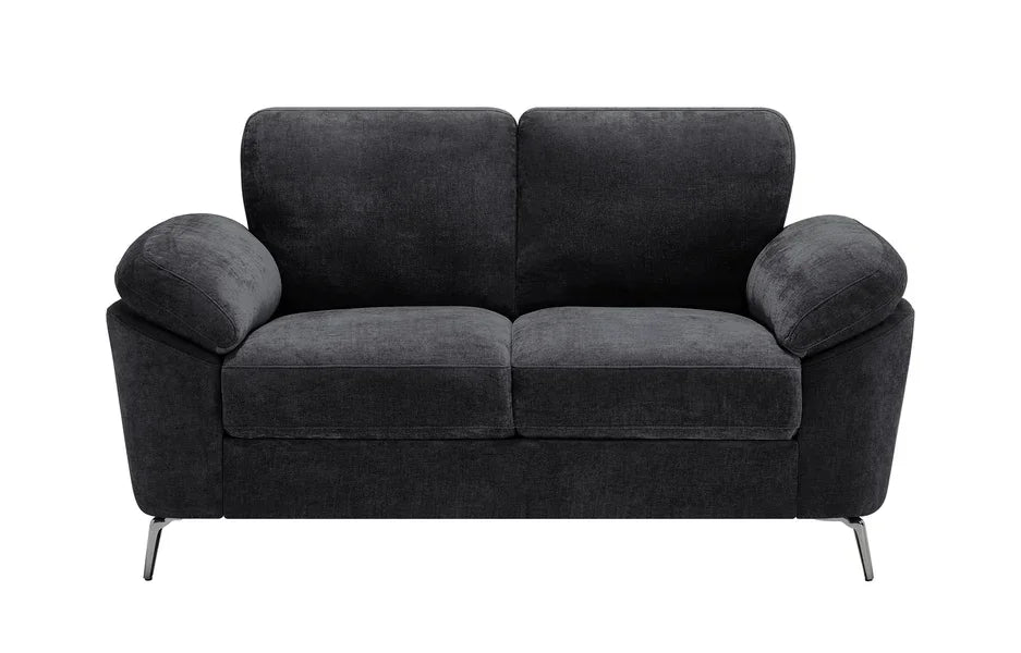 Charcoal fabric 2 seater sofa with plush cushions and angled chrome legs, front view