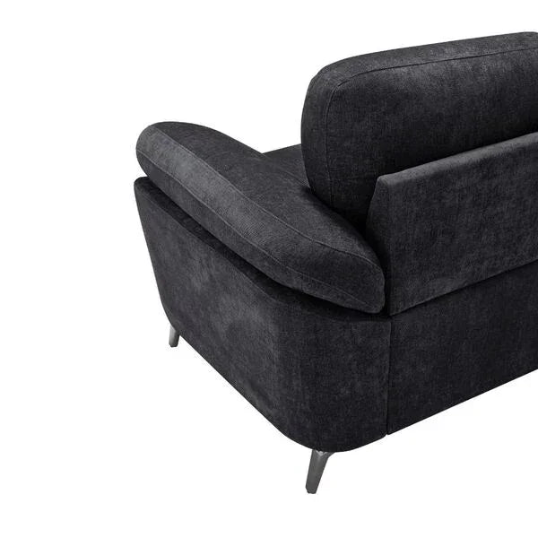 Dark grey fabric sofa corner with chrome legs and padded armrest