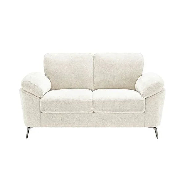 Beige two seater fabric sofa with plush cushions and metal legs, front view