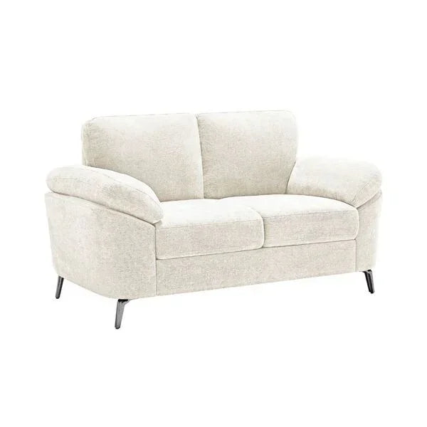 Beige fabric sofa with plush seat cushions and angled black metal legs on white background