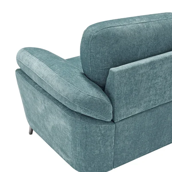 Teal fabric sofa corner with angled armrest and plush backrest