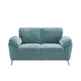 Teal fabric two-seater sofa with rolled arms and chrome legs, front view