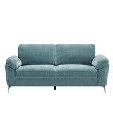 Teal fabric three-seater sofa with rolled arms and chrome legs, front view
