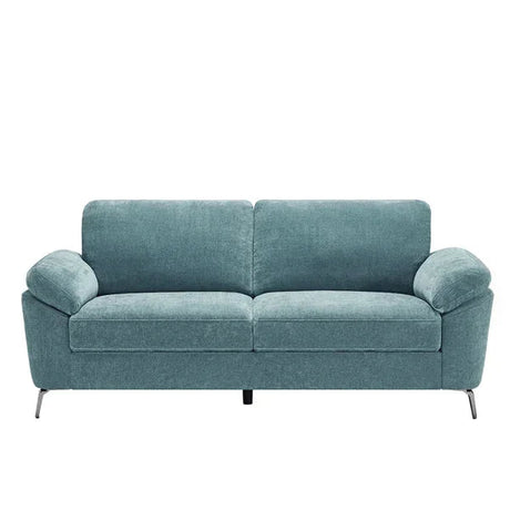 Teal fabric three-seater sofa with rolled arms and chrome legs, front view