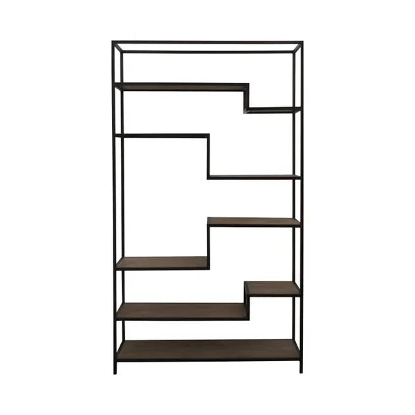 Geometric open shelving unit with dark wood shelves and black metal frame