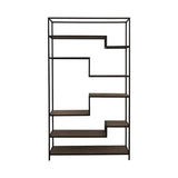 Geometric open shelving unit with dark wood shelves and black metal frame