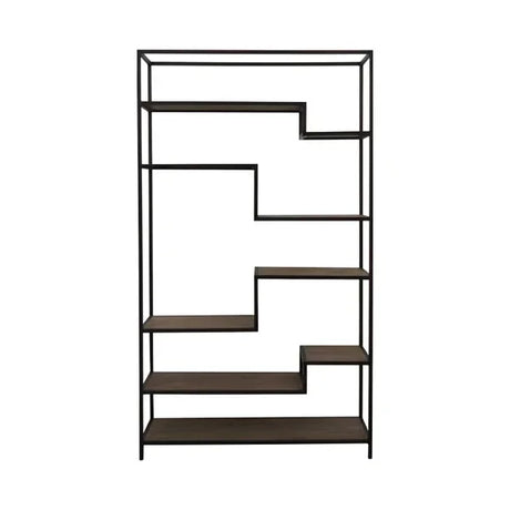 Geometric open shelving unit with dark wood shelves and black metal frame