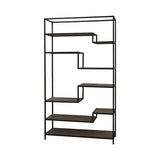 Modern black metal bookshelf with staggered wood shelves and open back design