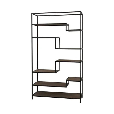 Modern black metal bookshelf with staggered wood shelves and open back design