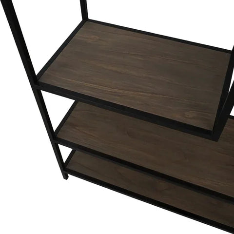 Dark wood and black metal shelving unit with three shelves, angled detail view