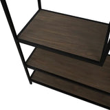Dark wood and black metal shelving unit with three shelves, angled detail view