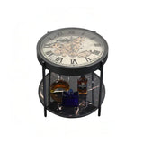 Round clock face coffee table with black marble-effect shelf and bottles underneath