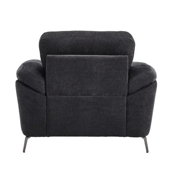 Back view of a dark grey fabric armchair with metal legs