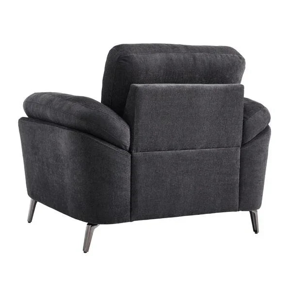 Dark grey fabric armchair rear view with angled metal legs