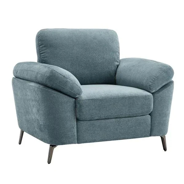 Blue fabric armchair with padded seat and angled metal legs