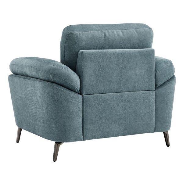 Blue fabric armchair with metal legs shown from back angle