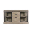 Oak sideboard with glass doors and three central drawers, industrial metal accents