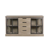 Oak sideboard with glass doors and three central drawers, industrial metal accents