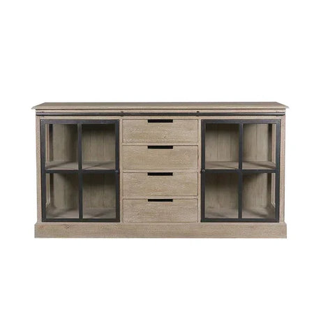 Oak sideboard with glass doors and three central drawers, industrial metal accents