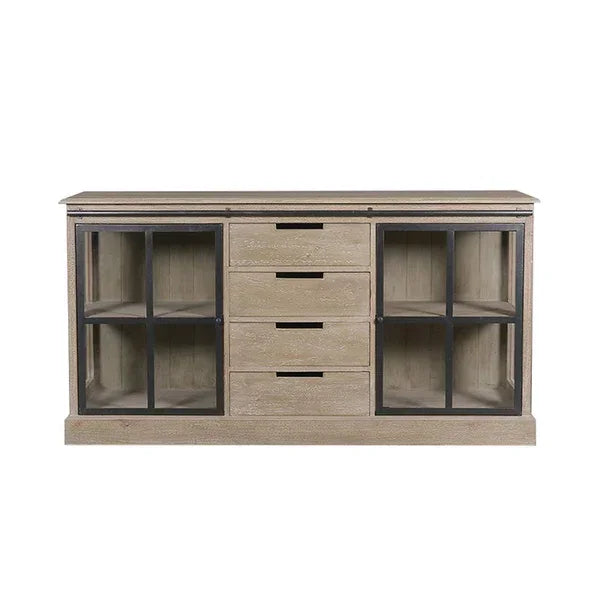 Oak sideboard with glass doors and three central drawers, industrial metal accents