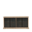 Wooden sideboard with black framed glass doors, four door storage cabinet for living room