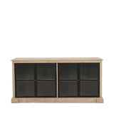 Wooden sideboard with black framed glass doors, four door storage cabinet for living room