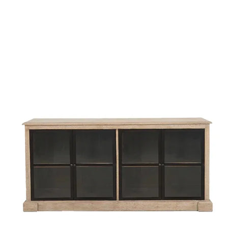 Wooden sideboard with black framed glass doors, four door storage cabinet for living room