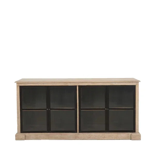 Wooden sideboard with black framed glass doors, four door storage cabinet for living room