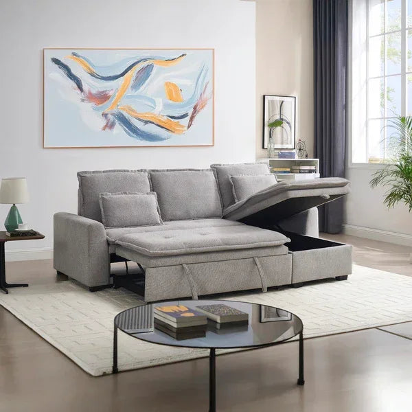 Grey fabric corner sofa bed with storage compartment in modern living room